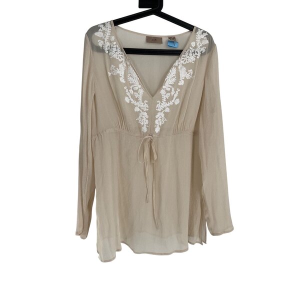 Sheer Beige silk Long Sleeve Embroidered Blouse Tie Waist  flowy boho feminine m - Picture 2 of 9
